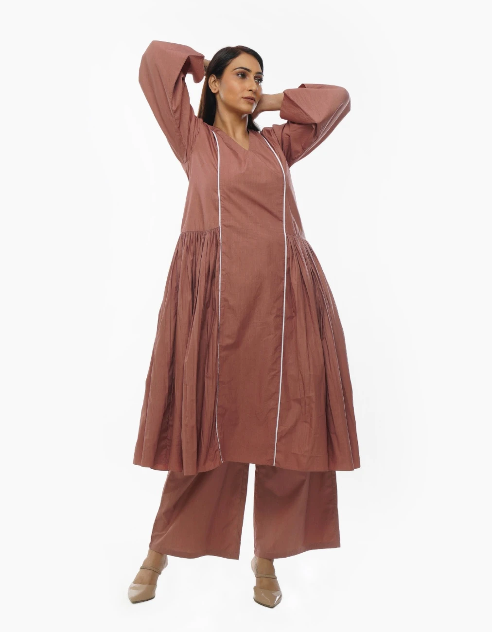 Light Pink V-Neck Pipine Dress Co-ord 3 Light Pink V-Neck Pipine Dress Co-ord - Image 2