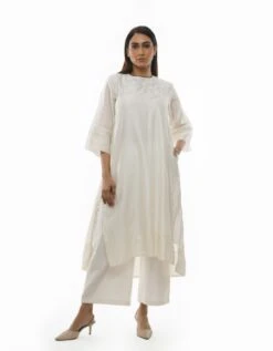 Bright White Chanderi Embroidery & Pleated Dress