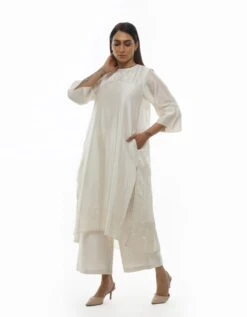Bright White Chanderi Embroidery & Pleated Dress -ZAZU Clothing Shop khat232d06set013