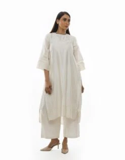 Bright White Chanderi Embroidery & Pleated Dress Co-ord -ZAZU Clothing Shop khat232d06set023
