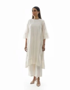 Bright White Chanderi Embroidery & Pleated Dress Co-ord -ZAZU Clothing Shop khat232d06set02b