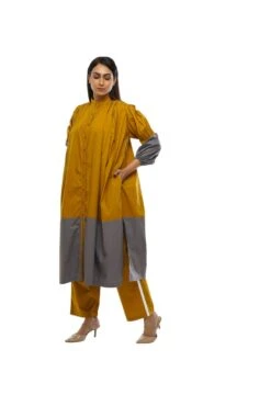 Mustard Gather Neck Pannel Dress Co-ord -ZAZU Clothing Shop khat23d04set022