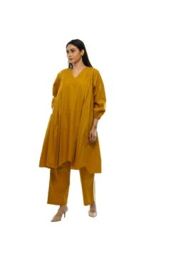 Mustard V-neck Pleated Dress Co-ord -ZAZU Clothing Shop khat23d05set043