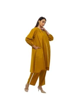 Mustard V-neck Pleated Dress Co-ord -ZAZU Clothing Shop khat23d05set04b 1