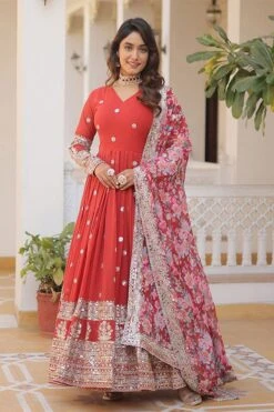 Red Embroidered Dress With Dupatta -ZAZU Clothing Shop klc67792