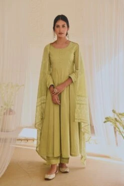 Printed Cotton Anarkali Dress Paired With Pants Kota Doria Dupatta