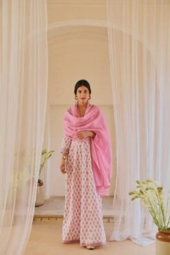 White And Purple Block Printed Anarkali Dress, Paired With Pants And Doria Dupatta