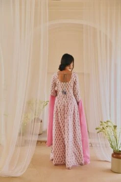 White And Purple Block Printed Anarkali Dress, Paired With Pants And Doria Dupatta -ZAZU Clothing Shop kr2403