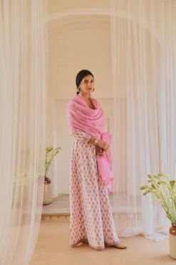 White And Purple Block Printed Anarkali Dress, Paired With Pants And Doria Dupatta -ZAZU Clothing Shop kr2404