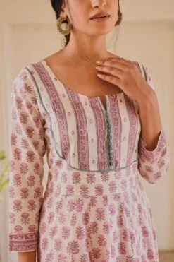 White And Purple Block Printed Anarkali Dress, Paired With Pants And Doria Dupatta -ZAZU Clothing Shop kr240b