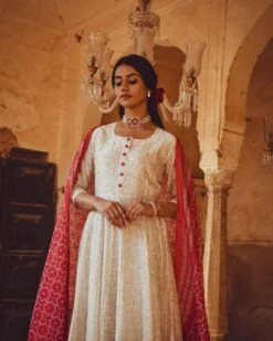 Screen Printed Anarkali Dress Complimented With Mirror Work Chanderi Dupatta And Cotton Pants -ZAZU Clothing Shop kr294b