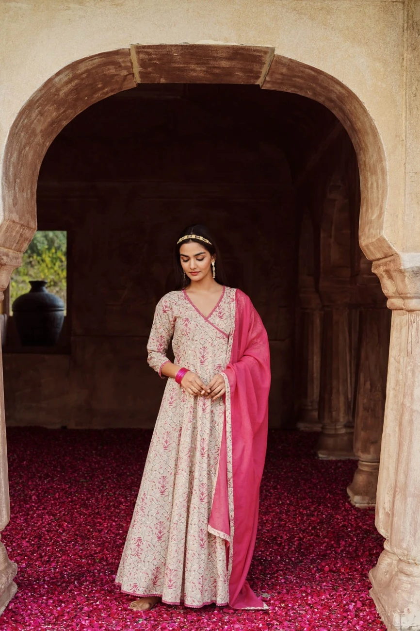 Printed Cotton Angarakha Dress Paired With Pant And Dupatta 5 Printed Cotton Angarakha Dress Paired With Pant And Dupatta - Image 3