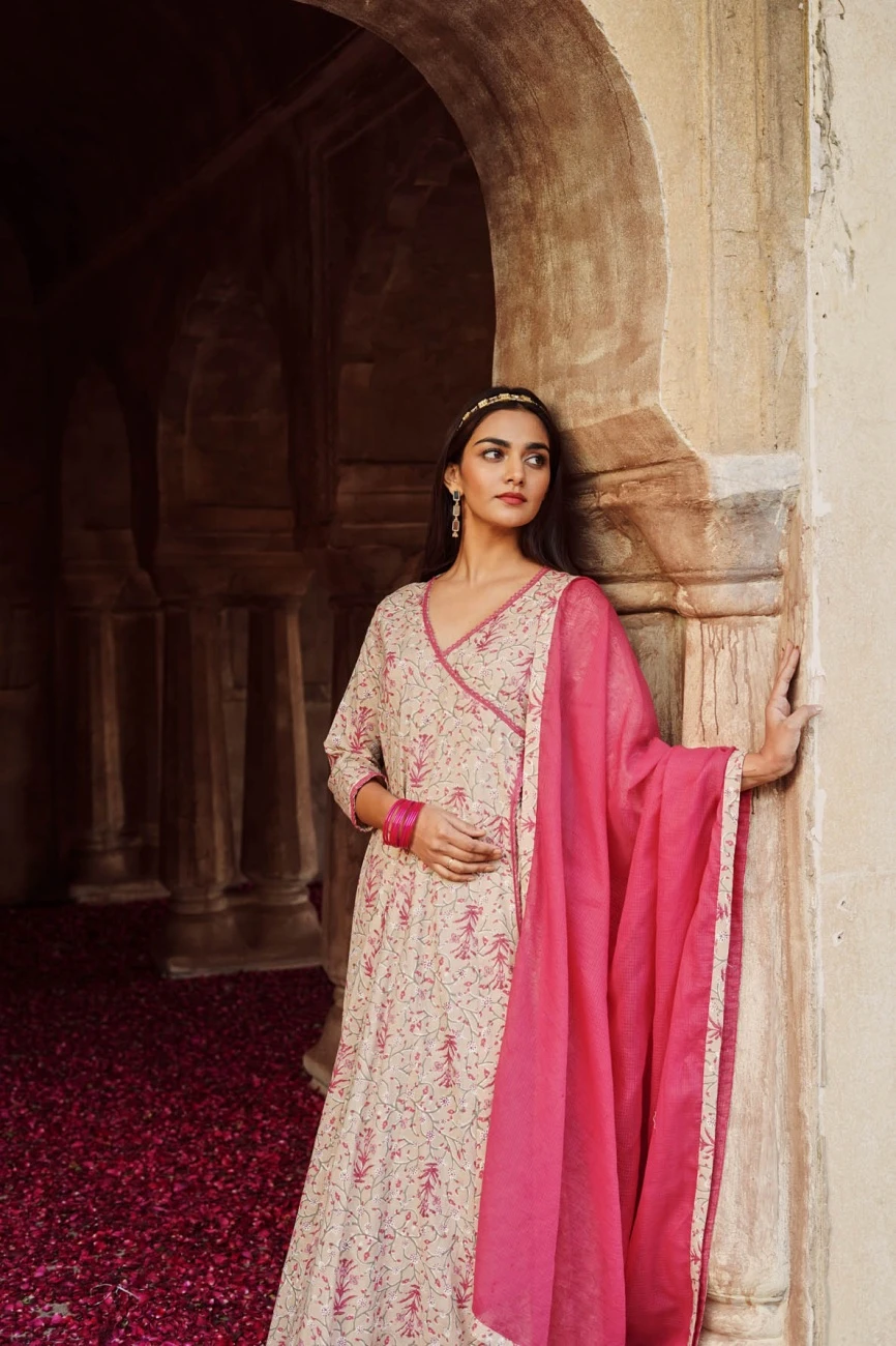 Printed Cotton Angarakha Dress Paired With Pant And Dupatta 8 Printed Cotton Angarakha Dress Paired With Pant And Dupatta - Image 6