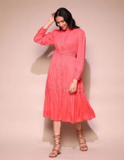 Coral Tiered Midi Dress With Inner