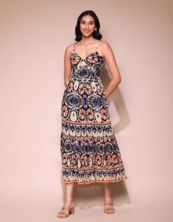 Navy Printed Strappy Maxi Dress