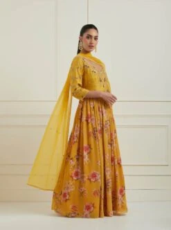 Yellow Floral Anarkali Dress With Dupatta And Belt -ZAZU Clothing Shop n1232