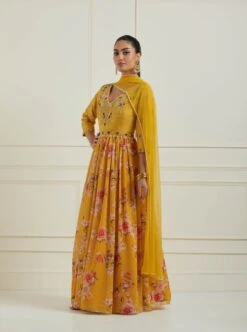 Yellow Floral Anarkali Dress With Dupatta And Belt -ZAZU Clothing Shop n1233