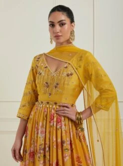 Yellow Floral Anarkali Dress With Dupatta And Belt -ZAZU Clothing Shop n123b