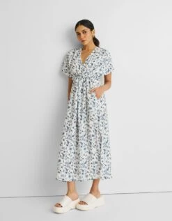 Blue Floral Gathered Maxi Dress