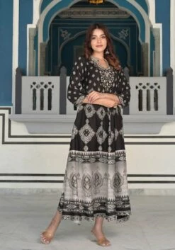 Russian Block Slate Black Rayon Long Dress -ZAZU Clothing Shop sc6129black2