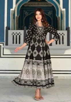 Russian Block Slate Black Rayon Long Dress -ZAZU Clothing Shop sc6129black3