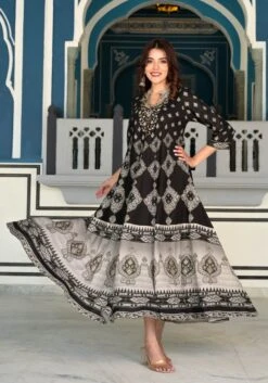 Russian Block Slate Black Rayon Long Dress -ZAZU Clothing Shop sc6129black4