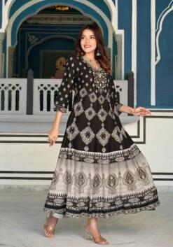 Russian Block Slate Black Rayon Long Dress -ZAZU Clothing Shop sc6129black5