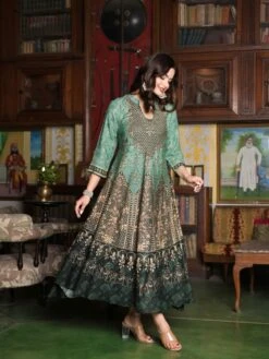 Persian Green Rayon Palace Long Dress -ZAZU Clothing Shop sc6129green3