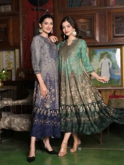 Persian Green Rayon Palace Long Dress -ZAZU Clothing Shop sc6129green4