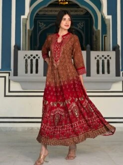 Bohemian Elephant Red Brown Rayon Long Dress -ZAZU Clothing Shop sc6129red3