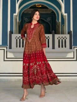Bohemian Elephant Red Brown Rayon Long Dress -ZAZU Clothing Shop sc6129red4