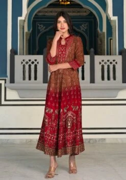 Bohemian Elephant Red Brown Rayon Long Dress -ZAZU Clothing Shop sc6129red5