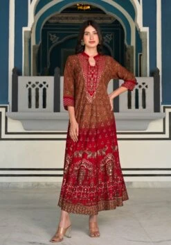 Bohemian Elephant Red Brown Rayon Long Dress -ZAZU Clothing Shop sc6129red6