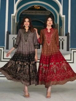 Bohemian Elephant Red Brown Rayon Long Dress -ZAZU Clothing Shop sc6129redb