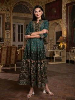 Bohemian Elephant Turquoise Green Rayon Long Dress -ZAZU Clothing Shop sc6129turquoise3