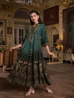 Bohemian Elephant Turquoise Green Rayon Long Dress -ZAZU Clothing Shop sc6129turquoise4