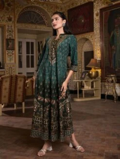 Bohemian Elephant Turquoise Green Rayon Long Dress -ZAZU Clothing Shop sc6129turquoise5