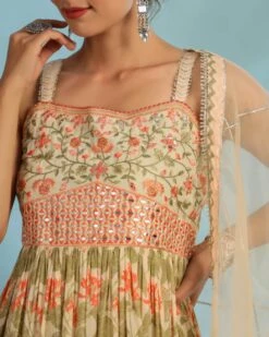 Peach Green Muslin Embroidered Floral Printed Dress -ZAZU Clothing Shop sc8061green2