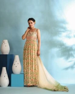 Peach Green Muslin Embroidered Floral Printed Dress -ZAZU Clothing Shop sc8061green3