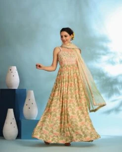 Peach Green Muslin Embroidered Floral Printed Dress -ZAZU Clothing Shop sc8061green4