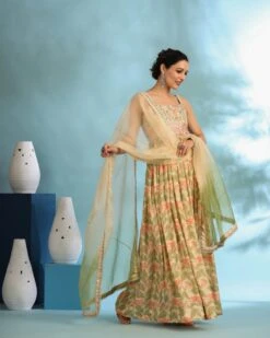 Peach Green Muslin Embroidered Floral Printed Dress -ZAZU Clothing Shop sc8061green5