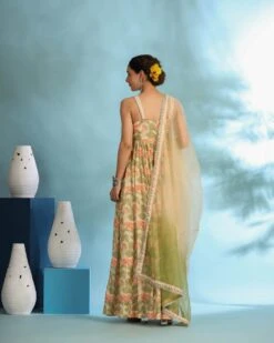 Peach Green Muslin Embroidered Floral Printed Dress -ZAZU Clothing Shop sc8061green7