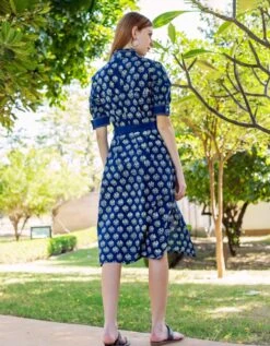 Indigo Hand Block Printed Dress -ZAZU Clothing Shop sd454