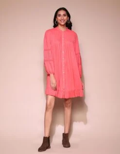 Coral Short Dress With Pintucks And Inner
