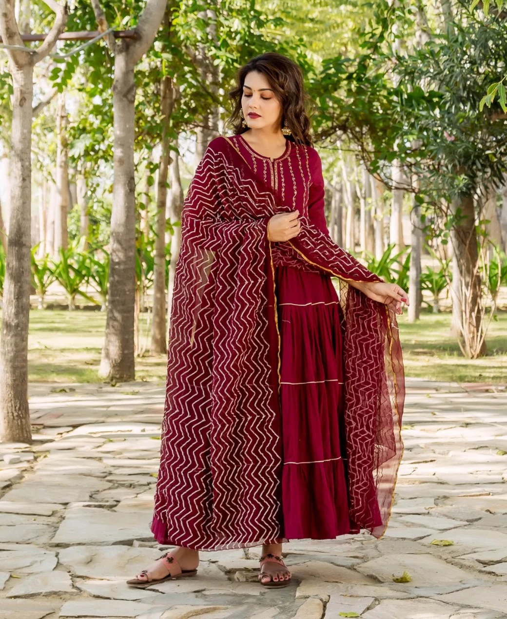 Maroon Tiered Hand Embroidered Dress With Dupatta 3 Maroon Tiered Hand Embroidered Dress With Dupatta