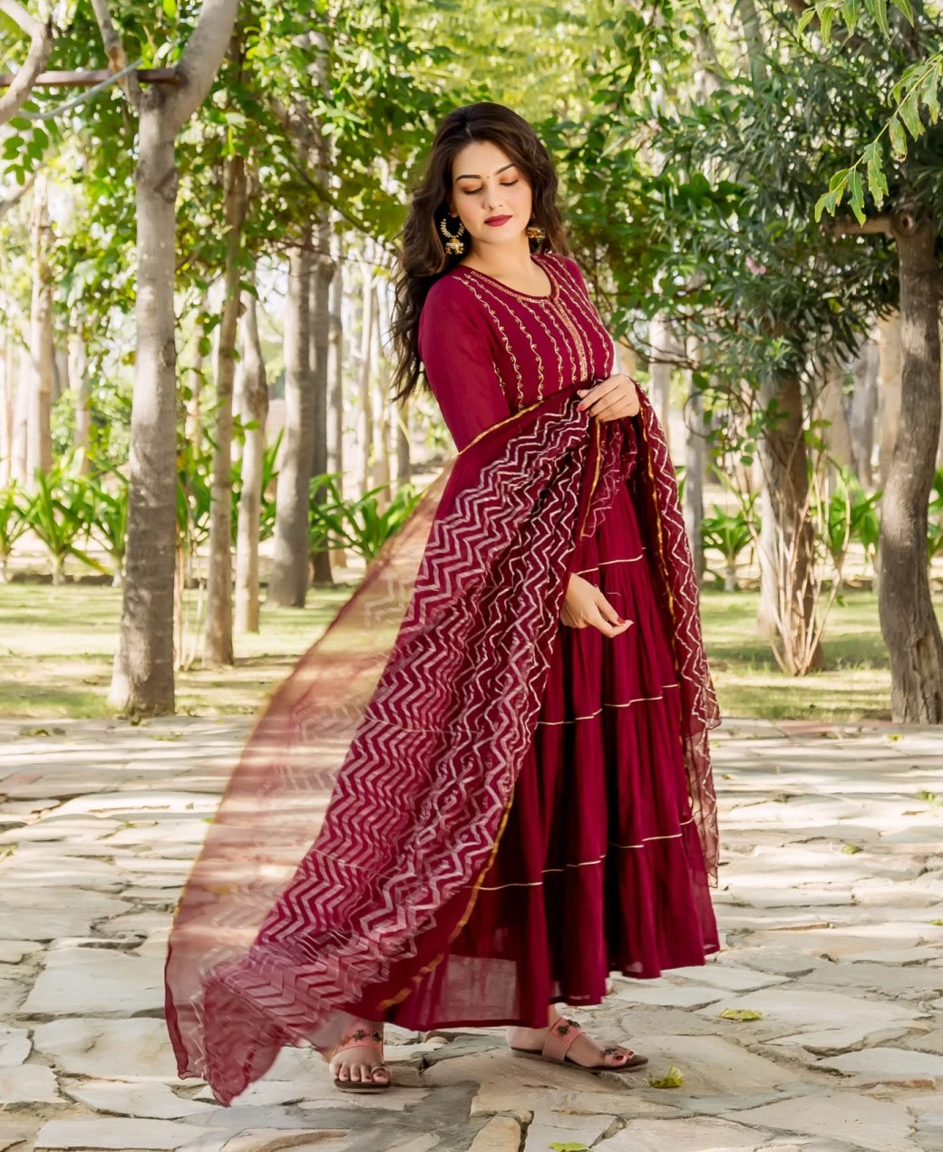Maroon Tiered Hand Embroidered Dress With Dupatta 4 Maroon Tiered Hand Embroidered Dress With Dupatta - Image 2