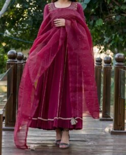 Maroon Hand Embroidered Dress With Mukaish Dupatta 10 Maroon Hand Embroidered Dress With Mukaish Dupatta -ZAZU Clothing Shop skd708634