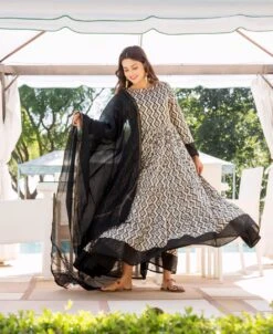 Grey And Black Hand Block Printed Tiered Dress With Dupatta