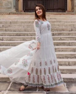 White Butta Printed Tiered Dress With Dupatta -ZAZU Clothing Shop skd70905b