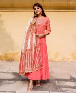 Peach Tiered Dress With Block Printed Dupatta